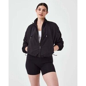 New Spanx Organza Windbreaker Jacket Cropped Black Full Zip Size Medium
